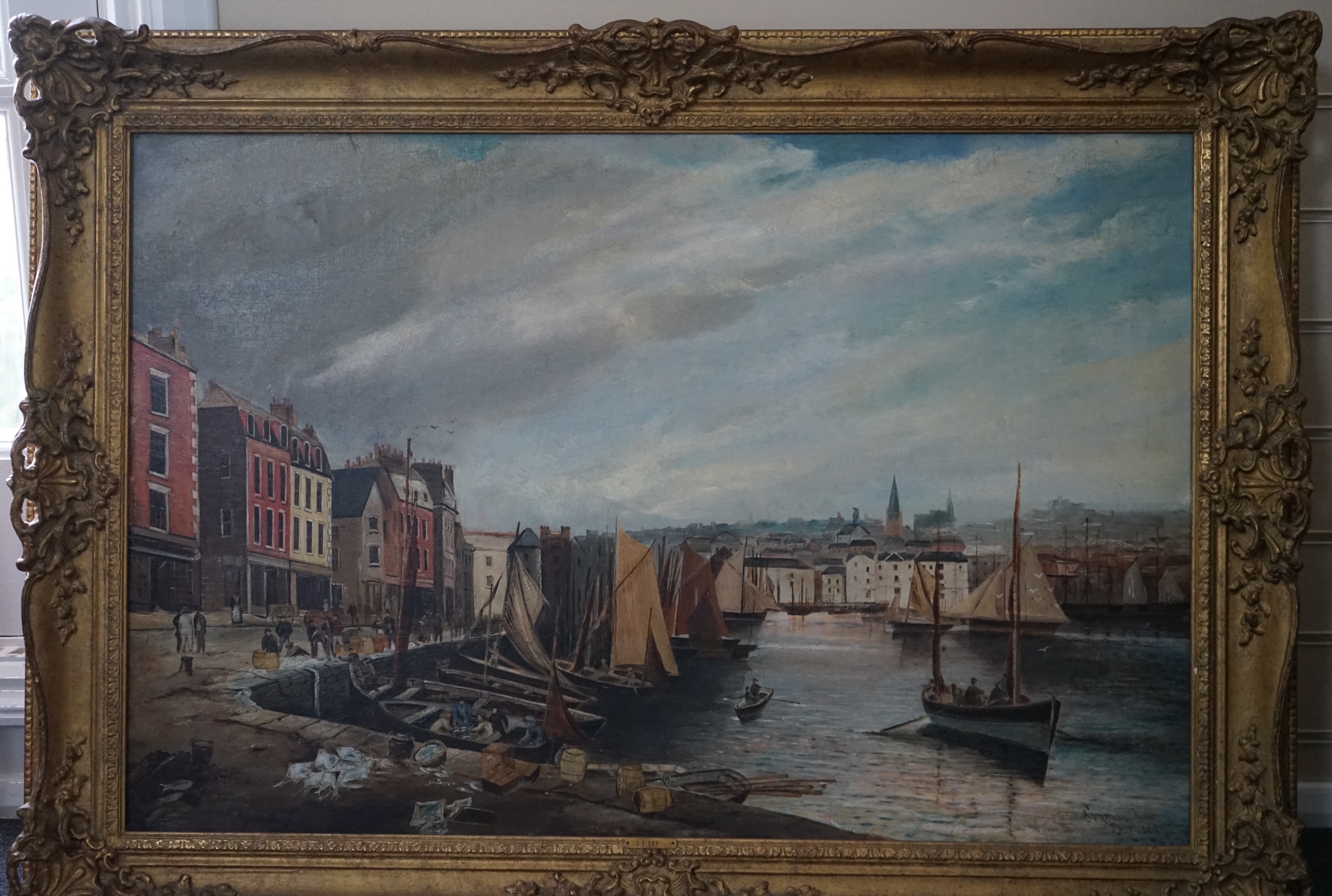 J.S. Guy (English, 19thC.), oil on canvas, 'Plymouth, Barbican', signed and titled, 60 x 90cm. Condition - fair